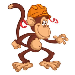 Fototapeta premium Cartoon funny brown monkey chimpanzee wearing safety helmet. Vector illustration isolated on white