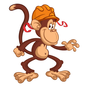 Cartoon funny brown monkey chimpanzee wearing safety helmet. Vector illustration isolated on white