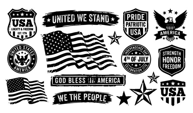 Distressed USA flag vector icons with patriotic American symbols in vintage grunge style