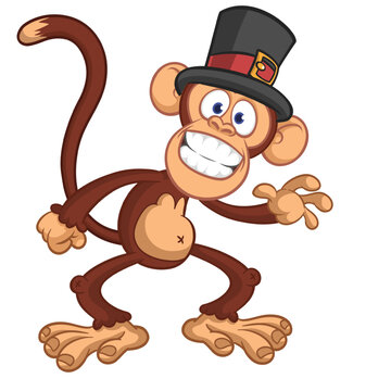 Cartoon funny brown monkey chimpanzee wearing top hat. Vector illustration isolated on white