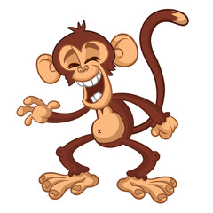 Fototapeta premium Cartoon funny brown monkey chimpanzee jumping or dancing. Vector illustration isolated on white