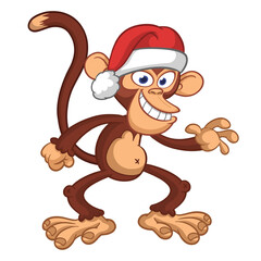 Fototapeta premium Cartoon funny monkey chimpanzee wearing Santa Hat. Vector illustration for Christmas