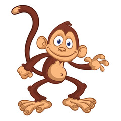 Obraz premium Cartoon funny brown monkey chimpanzee jumping or dancing. Vector illustration isolated on white