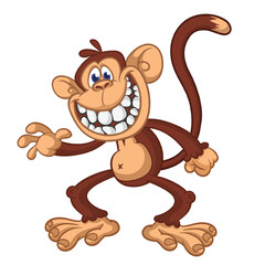 Obraz premium Cartoon funny brown monkey chimpanzee jumping or dancing. Vector illustration isolated on white