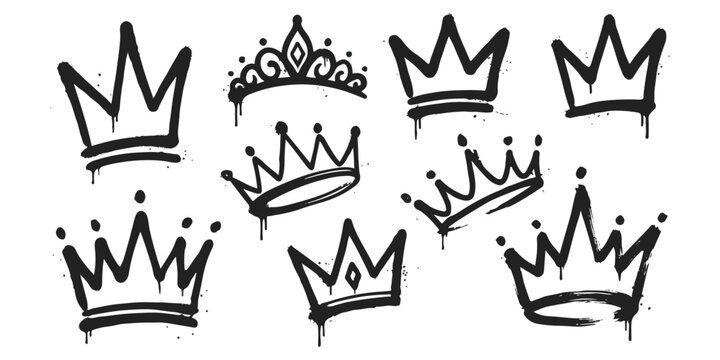 Set of black graffiti crown icons with paint drip effects