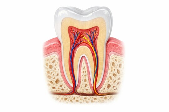 Dentistry healthy molar tooth cross section illustration shows enamel dentin and pulp chamber with arteries veins and nerves, anchored in gingiva and jawbone, clinical education render