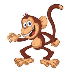 Fototapeta premium Cartoon funny brown monkey chimpanzee jumping or dancing. Vector illustration isolated on white