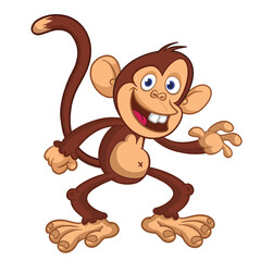 Fototapeta premium Cartoon funny brown monkey chimpanzee jumping or dancing. Vector illustration isolated on white