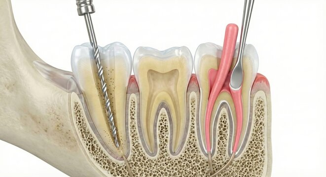 Dentistry root canal treatment cross section shows molar with removed infected pulp, metal files shaping canals and gutta percha filling, detailed endodontic procedure render