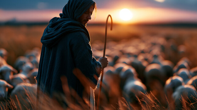 Cinematic wide back view of a robed shepherd figure with a flock of softly defocused sheep across a bright golden field at sunset my sheep hear my voice faceless silhouette