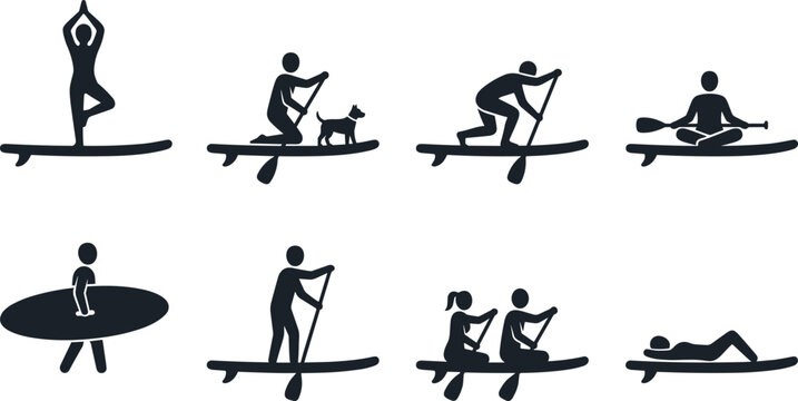 Stand-Up Paddleboarding Icon Set for Water Sports, Yoga, and Fitness with Paddling and Balance Poses