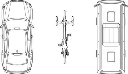 Top view of car bicycle and bus vehicle outline icons set showing urban traffic and public transportation design layout. © MRSTOCK LAB