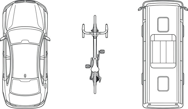 Top view of car bicycle and bus vehicle outline icons set showing urban traffic and public transportation design layout.