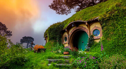 Fototapeta premium MATAMATA- NEW ZEALAND -NOVEMBER -2- 2022: Hobbiton - movie set created for filming the Lord of the Rings and 