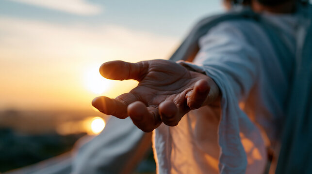 Cinematic close up of the extended hand of Jesus Christ in flowing white robes against a bright soft golden sunset sky helping hand faithful guidance divine reach faceless