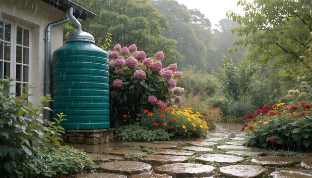 Green water tank in garden for rainwater harvesting. Water tank system captures rain from house roof, providing sustainable irrigation for plants.
