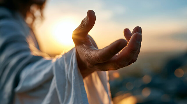 Cinematic close up of the extended hand of Jesus Christ in flowing white robes against a bright soft golden sunset sky helping hand faithful guidance divine reach faceless