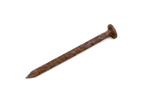 One old rusty nail isolated on white background.