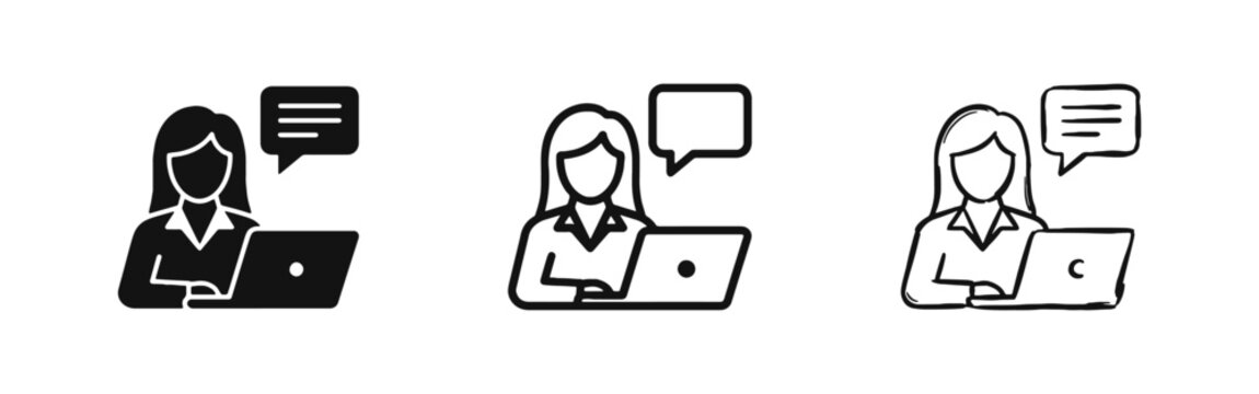 Woman Working on Laptop with Message Bubble Icon Set
