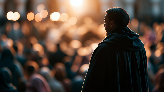 Cinematic wide view silhouette of a robed authority figure facing a softly defocused crowd silhouette in a bright softly defocused ancient courtyard biblical scene concept