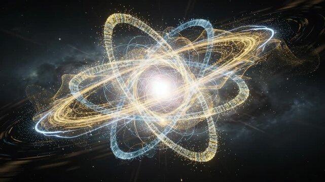 Glowing atomic structure with swirling energy rings and particles in a vibrant cosmic space scene