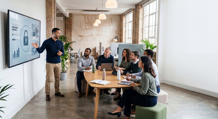 Cybersecurity training session for a small business team in office