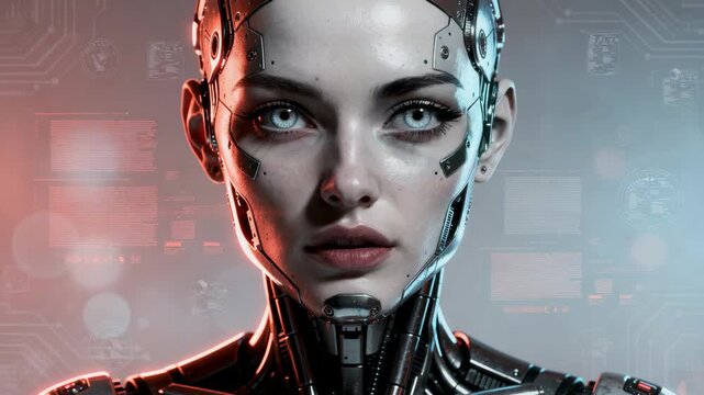 Futuristic humanoid robot with lifelike skin and glowing eye scanning digital data streams in high-tech environment