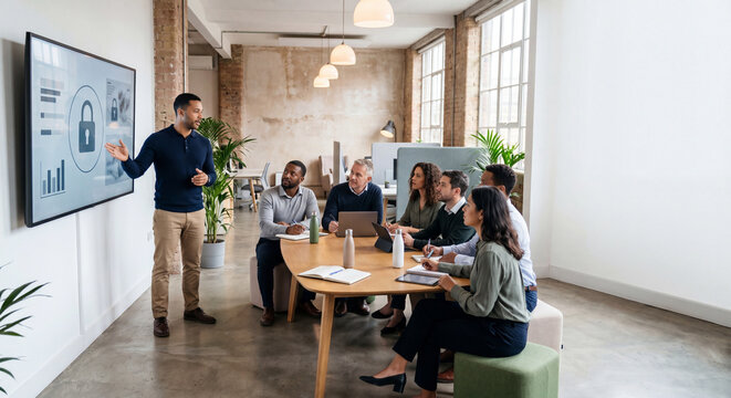 Cybersecurity training session for a small business team in office