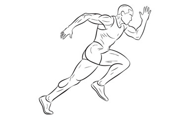 Obraz premium Black and white line art drawing of a muscular male athlete sprinting fast in a powerful running pose showing strength and athletic movement for sports and fitness concepts