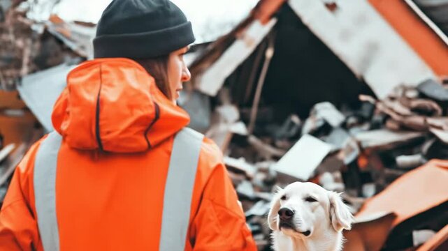rescue dog handler working with search dog in rubble