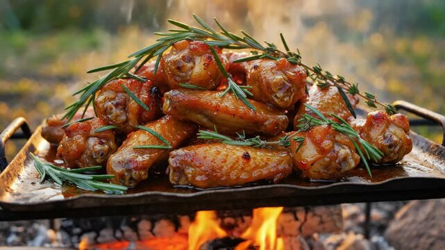 Delicious honey glazed chicken wings grilled over a campfire with fresh rosemary and thyme