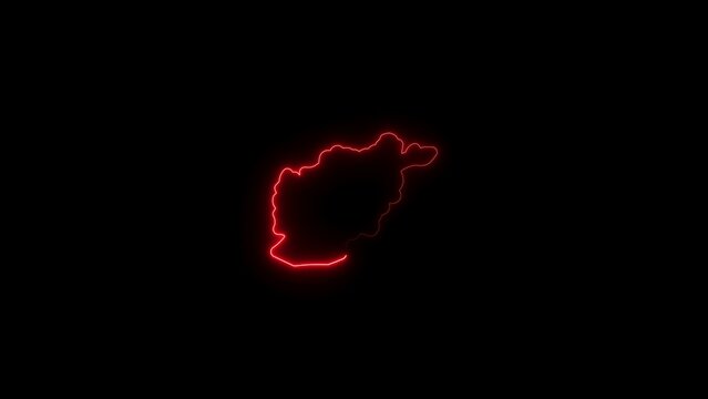 Glowing red neon outline map of afghanistan isolated on a solid black background, for cartography