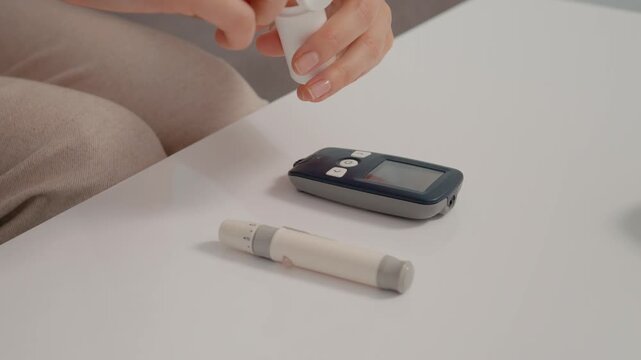 A woman sits at a table and takes out her glucometer. She prepares to test her blood sugar level by getting the needed supplies ready.