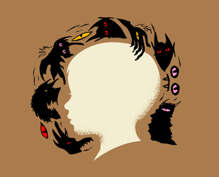 Child fears and phobia and nightmares concept with dark monsters surrounding kid head silhouette. Vector illustration