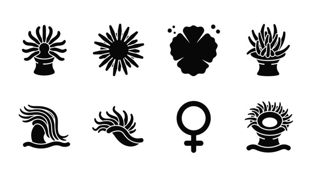 Sea anemone and female symbol black silhouette vector icons collection isolated on white background.