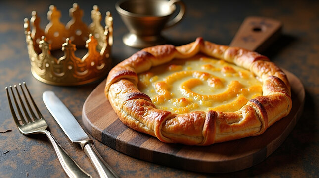 Creamy custard galette on wooden board with it is presen