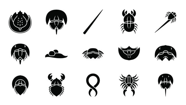 Collection of horseshoe crab and crab silhouettes and symbols.