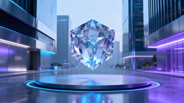 Floating crystal cube in futuristic city