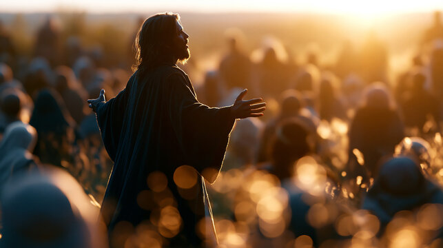 Cinematic wide view of a robed figure of Jesus Christ silhouetted preaching to a softly defocused captivated audience in a bright sunlit meadow jesus parables captivated