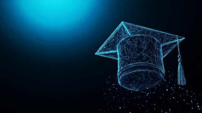 Digital wireframe graduation cap showing academic success through modern technology in this artistic glowing blue image