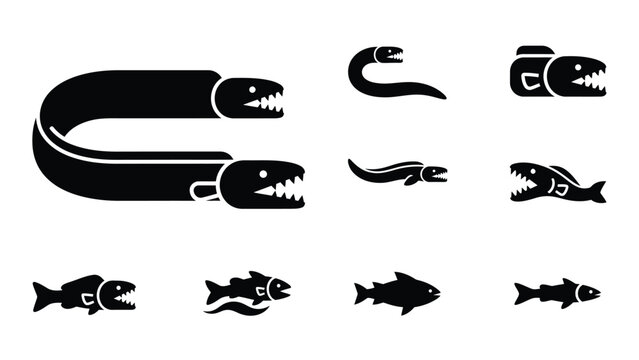 Set of black eel and predatory fish icons in flat style.