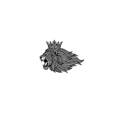 Vector lion head, crowned king of beasts, black and white illustration, royalty free graphic
