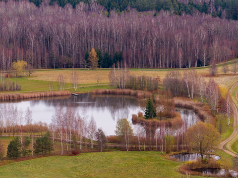 Aerial view of a small pond and autumn birch trees surrounded by dense forest in the rural countryside Lithuania.