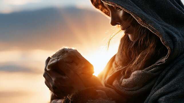 Cinematic close up profile silhouette of a happy shepherd figure holding a small soft lamb against a bright soft pastel sky with cloud and sun rays happy shepherd lost lamb