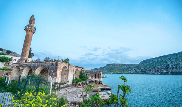 The scenic sunset views of the Halfeti, submerged in the 1990s under the waters behind the dam on the Euphrates at Birecik, Gaziantep, and 50 km west of Şanlıurfa, Turkey