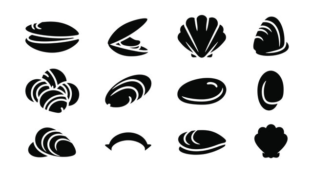 Mussel shells icon set, black silhouette bivalve mollusks, flat vector illustration of sea food.