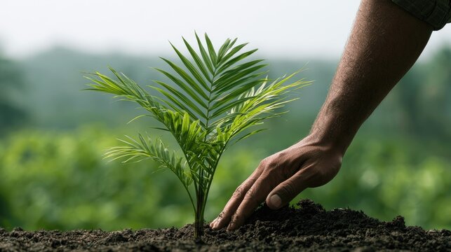 A hand gently places a young plant into rich, dark soil, fostering growth