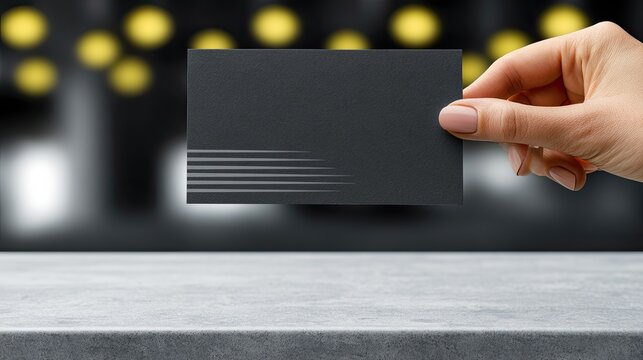 Hand holding a blank dark gray business card with faint parallel lines on one corner