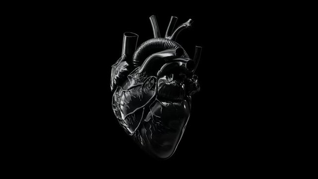 Black chrome anatomical human heart animation on black background. Dark metallic heart with realistic veins and arteries in futuristic cyberpunk medical style. 3D render loop.