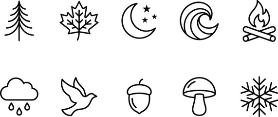 Nature and Seasons Icon Set Featuring Trees, Leaves, Weather, and Natural Elements © MSTSULTANA